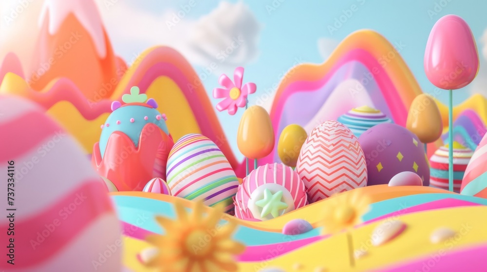 crazy easter background, 3d kawai style, fluo colors, eggs, bunnies