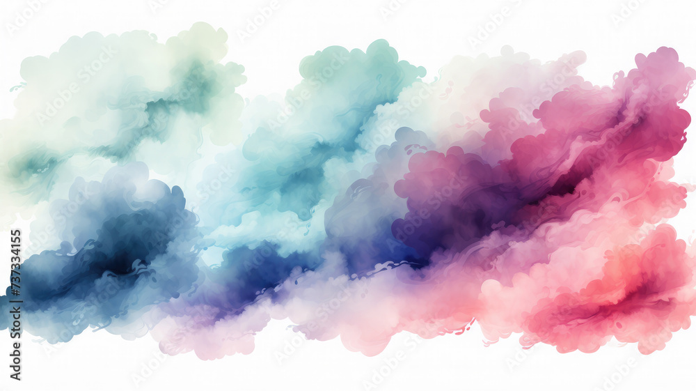 Fototapeta premium Abstract watercolor clouds stains splashes ink stains colorful rainbow multicolored dye on white background, generative AI