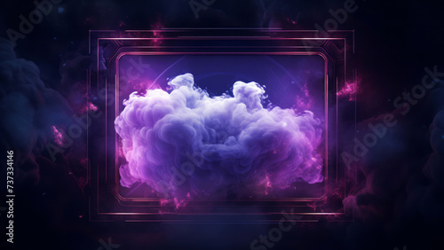 Neon photo frame border with thick floating fog smoke clouds on black background. Mock up template advertisement concept photo