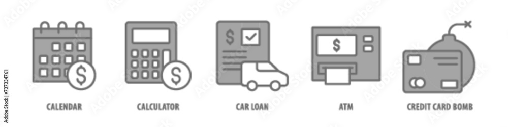 Car Loan, Credit Card Bomb, ATM, Calculator, Calendar editable stroke outline icons set isolated on white background flat vector illustration. Car Loan, Credit Card Bomb, ATM, Calculator, Calendar editable stroke outline icons set isolated on white background flat vector illustration.