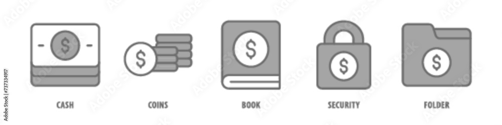 Folder, Security, Book, Coins, Cash editable stroke outline icons set isolated on white background flat vector illustration. Folder, Security, Book, Coins, Cash editable stroke outline icons set isolated on white background flat vector illustration.