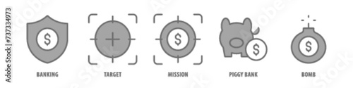 Bomb, Piggy Bank, Mission, Target, Banking editable stroke outline icons set isolated on white background flat vector illustration.