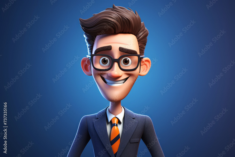 Happy smile laughing cartoon character office businessman adult man person portrait in 3d style design on blue background. Human people feelings expression concept