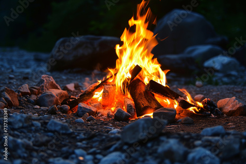 Amidst the darkness of the night, a campfire blazes brightly, illuminating the surroundings with its warm, flickering flames, providing comfort and companionship in the wilderness.
