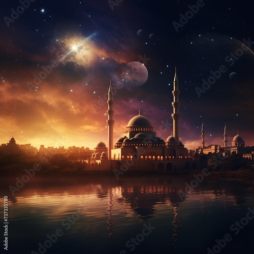 illustration of Islamic city with mosque skyline crescent moon and, Generative ai