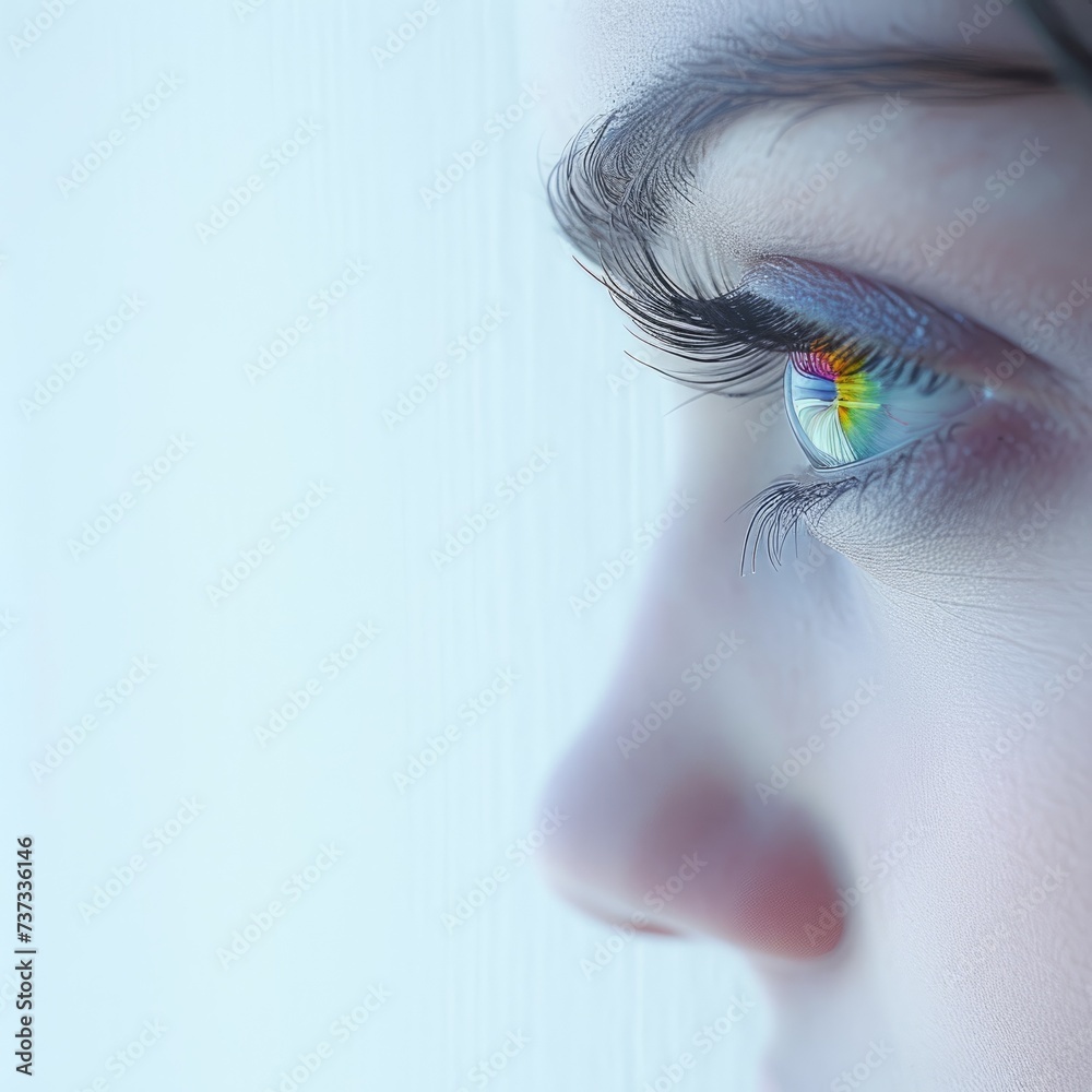 Fototapeta premium girl looking out the window with her eyes reflecting the rainbow