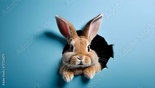 an image of an Easter bunny who has gnawed through a blue matte smooth wall and is looking out of the hole. Easter holiday