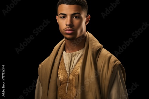Portrait of a young man wearing a brown and gold tunic photo