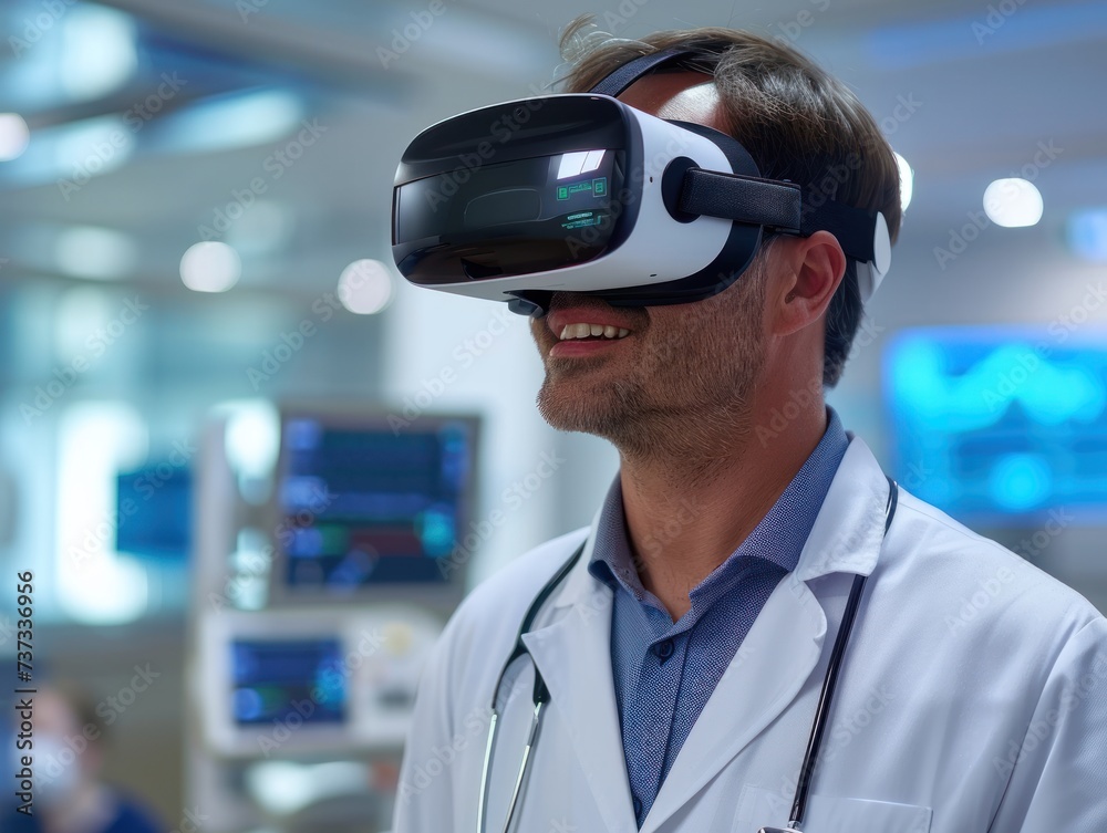 A focused male doctor with a stethoscope around his neck using virtual reality headset to visualize medical data in a clinic. A focused male doctor with a stethoscope around his neck using virtual reality headset to visualize medical data in a clinic.