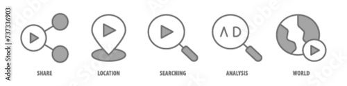 World, Analysis, Searching, Location, Share editable stroke outline icons set isolated on white background flat vector illustration.