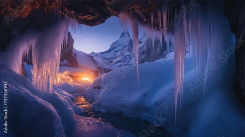 Mystical Frozen ice dark cave. Dangerous crystal sharp icicles lions hang from ceiling. Bright light arched entrance to grotto. Fabulous winter nature landmark. Beautiful cold season, Global warming.