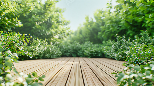 Natures Platform: A Wooden Table Set Against a Lush Green Backdrop, Inviting Outdoor Serenity