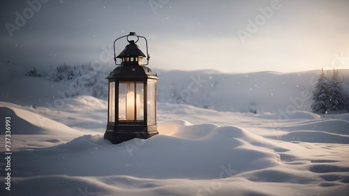 lantern in the snow. A lantern in the middle of a pile of snow a still life.