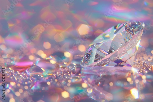 This image showcases a beautifully cut diamond that catches and reflects the light, surrounded by a multitude of shiny particles on a reflective surface, creating a dazzling array of colors that evoke