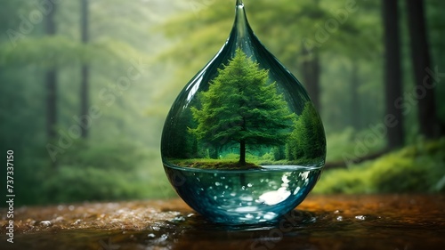 drop of water.A water drop with trees inside of it.