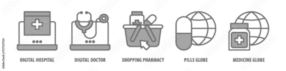 Medicine, Globe, Pills globe, Shopping Pharmacy, Digital Doctor, Digital Hospital editable stroke outline icons set isolated on white background flat vector illustration. Medicine, Globe, Pills globe, Shopping Pharmacy, Digital Doctor, Digital Hospital editable stroke outline icons set isolated on white background flat vector illustration.