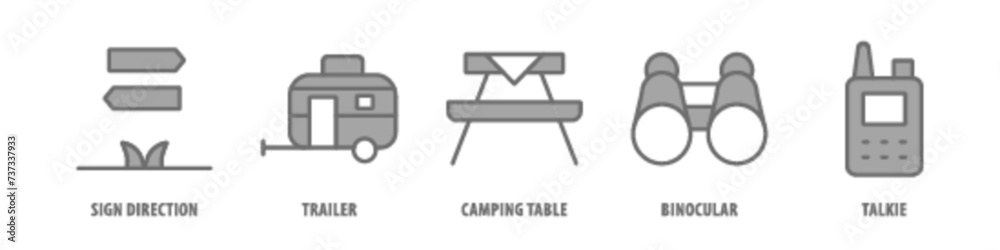 Talkie, Binocular, Camping Table, Trailer, Sign Direction editable stroke outline icons set isolated on white background flat vector illustration. Talkie, Binocular, Camping Table, Trailer, Sign Direction editable stroke outline icons set isolated on white background flat vector illustration.