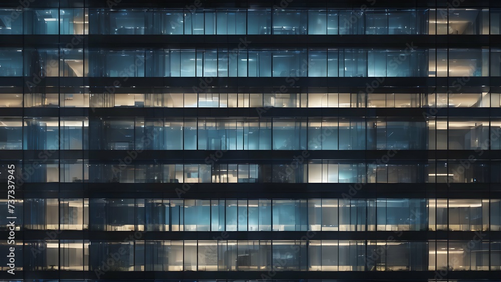 Seamless skyscraper facade with blue tinted windows and blinds at night. Modern abstract office building background texture with glowing lights against dark black exterior walls. - obrazy, fototapety, plakaty 
