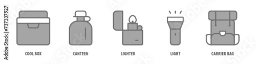 Carrier Bag, Light, Lighter, Canteen, Cool Box editable stroke outline icons set isolated on white background flat vector illustration.