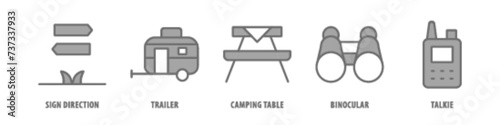 Talkie, Binocular, Camping Table, Trailer, Sign Direction editable stroke outline icons set isolated on white background flat vector illustration.