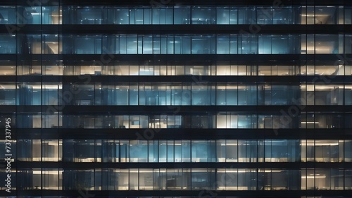 Seamless skyscraper facade with blue tinted windows and blinds at night. Modern abstract office building background texture with glowing lights against dark black exterior walls. photo