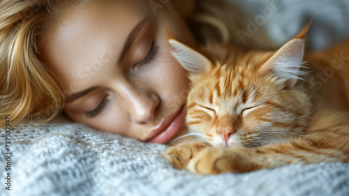 Woman and Ginger Cat Sleeping Peacefully. World Sleep Day concept.