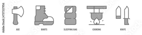 Knife, Cooking, Sleeping Bag, Boots, Axe editable stroke outline icons set isolated on white background flat vector illustration.
