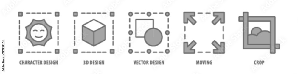 Crop, Moving, Vector Design, 3D Design, Character Design editable stroke outline icons set isolated on white background flat vector illustration. Crop, Moving, Vector Design, 3D Design, Character Design editable stroke outline icons set isolated on white background flat vector illustration.