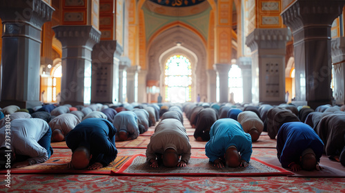 Muslim men in prostration during prayer in a mosque at sunset Muslim men praying in Mosque interior. photo