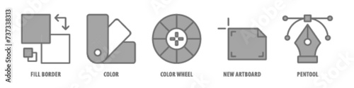 Pen tool, New Artboard, Color Wheel, Color, Fill Border editable stroke outline icons set isolated on white background flat vector illustration.