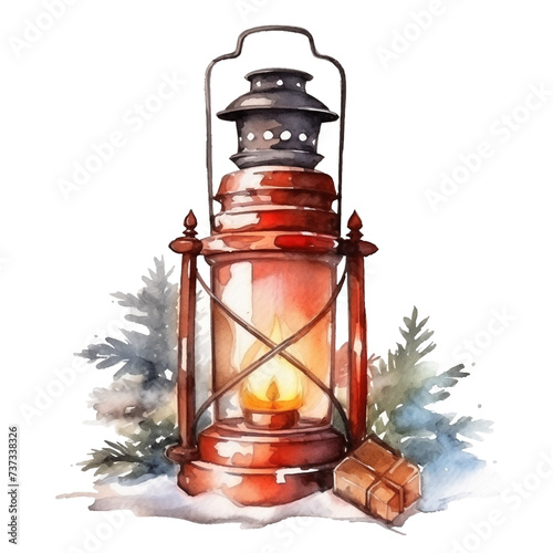 Cozy Winter Scene with Vintage Watercolor Lantern and Pine Sprigs