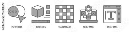 Wireframe, Transparant, Rendering, Pathfinder editable stroke outline icons set isolated on white background flat vector illustration.