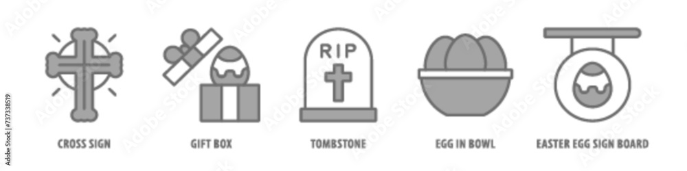 Easter Egg Sign Board, Egg in Bowl, Tombstone, Gift Box, Cross Sign editable stroke outline icons set isolated on white background flat vector illustration. Easter Egg Sign Board, Egg in Bowl, Tombstone, Gift Box, Cross Sign editable stroke outline icons set isolated on white background flat vector illustration.