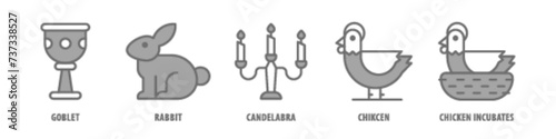 Chicken Incubates, Chicken, Candelabra, Rabbit, Goblet editable stroke outline icons set isolated on white background flat vector illustration.