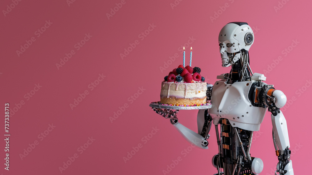 Fototapeta premium An automaton robot action figure celebrates with a cake adorned with flickering candles, embodying the perfect blend of imagination and technology
