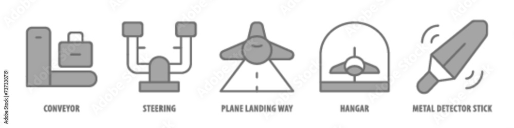 Metal Detector Stick, Hangar, Plane Landing way, Steering, Conveyor editable stroke outline icons set isolated on white background flat vector illustration. Metal Detector Stick, Hangar, Plane Landing way, Steering, Conveyor editable stroke outline icons set isolated on white background flat vector illustration.