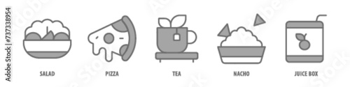 Juice box, Nacho, Tea, Pizza, Salad editable stroke outline icons set isolated on white background flat vector illustration.