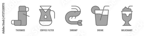 Milkshake, Drink, Shrimp, Coffee filter, Thermos editable stroke outline icons set isolated on white background flat vector illustration.