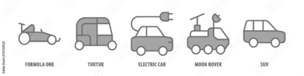 SUV, Moon Rover, Electric Car, Tuk-tuk, Formula one editable stroke outline icons set isolated on white background flat vector illustration. SUV, Moon Rover, Electric Car, Tuk-tuk, Formula one editable stroke outline icons set isolated on white background flat vector illustration.