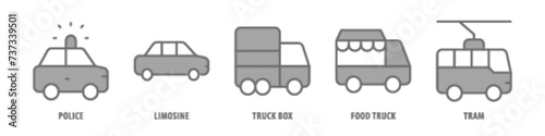 Tram, Food Truck, Truck Box, Limousine, Police editable stroke outline icons set isolated on white background flat vector illustration.