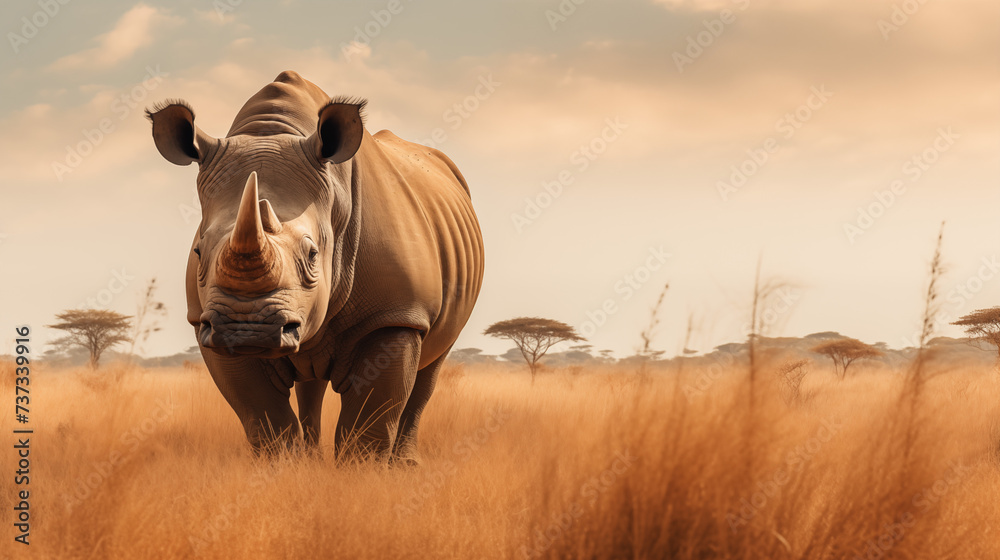 Obraz premium Nashorn in der Savanne bei Sonnenuntergang