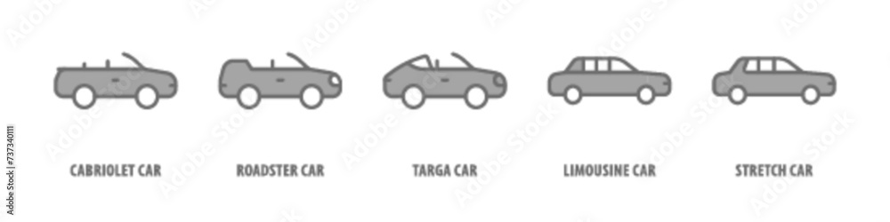 Stretch car, Limousine car, Targa car, Roadster car, Cabriolet car editable stroke outline icons set isolated on white background flat vector illustration.