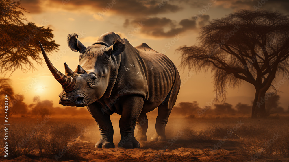 Fototapeta premium Nashorn in der Savanne bei Sonnenuntergang