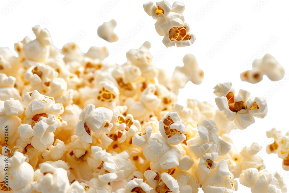 Popcorn in motion on white background