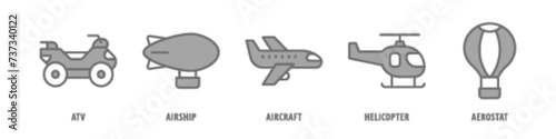 Aerostat, Helicopter, Aircraft, Airship, ATV editable stroke outline icons set isolated on white background flat vector illustration.