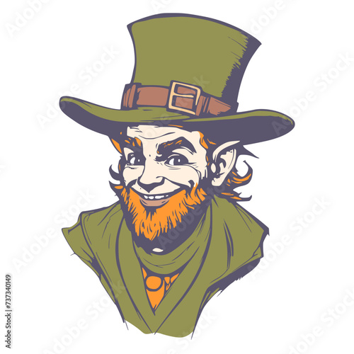 St. Patrick's day smiling leprechaun portrait. Saint Patrick's Day character leprechaun with red beard and green hat. Elf character for advertising. Ireland National Independence Day.