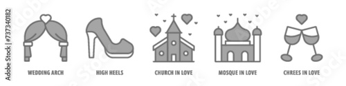 Cheers in Love, Mosque in Love, Church in Love, High Heels, Wedding Arch editable stroke outline icons set isolated on white background flat vector illustration.