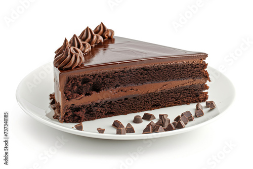 Chocolate cake slice on white background