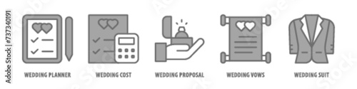 Wedding Suit, Wedding Vows, Wedding Proposal, Wedding Cost, Wedding Planner editable stroke outline icons set isolated on white background flat vector illustration.