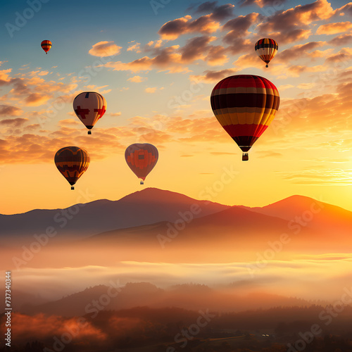 Silhouettes of hot air balloons against a sunrise © Cao